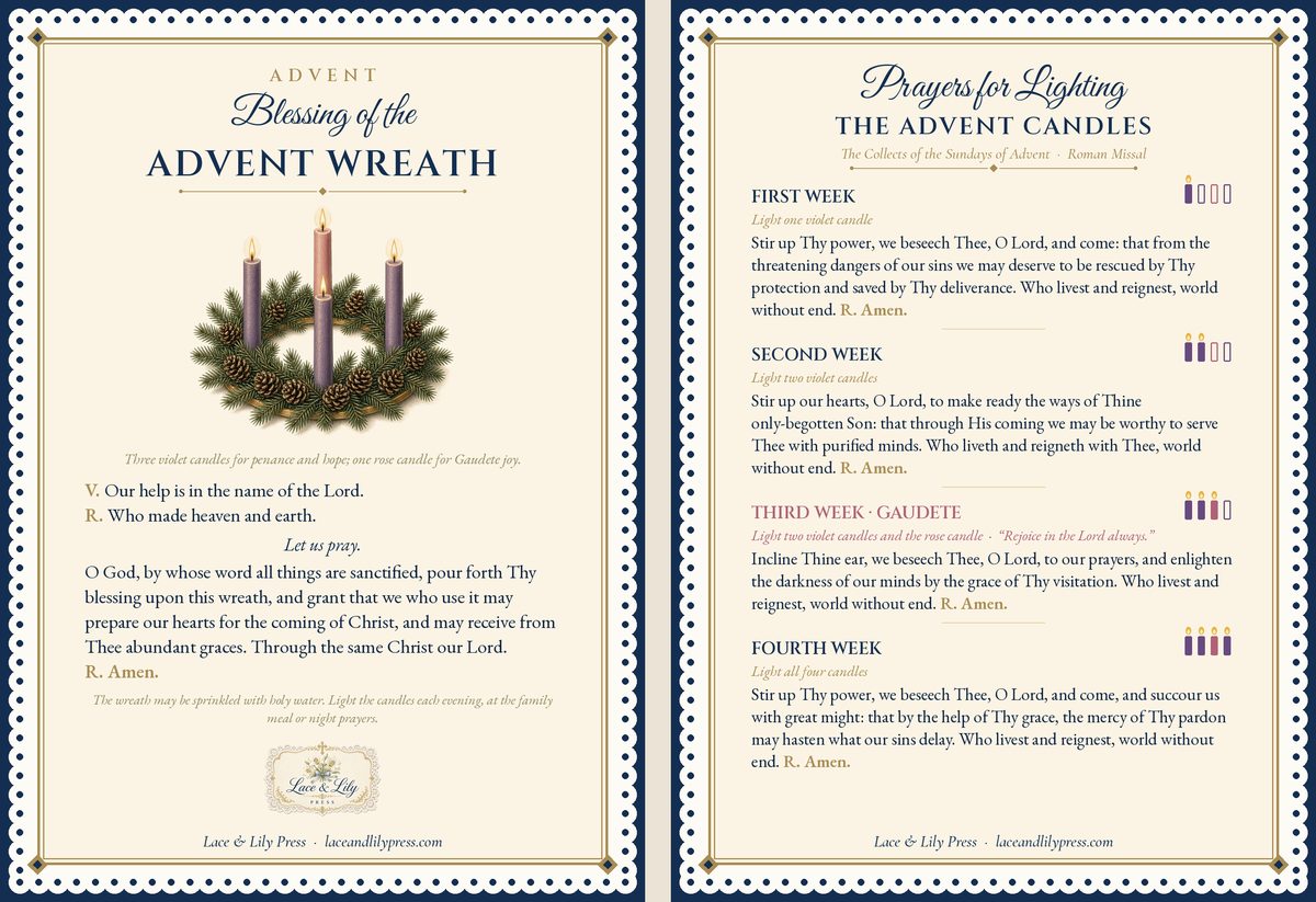 Front and back of the Advent wreath prayer card: the Blessing of the Advent Wreath on the front and Prayers for Lighting the Advent Candles on the back, in a navy and gold lace border