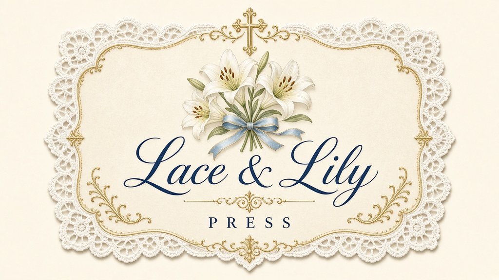 Lace & Lily Press logo: white lilies tied with a blue ribbon inside a lace holy card border